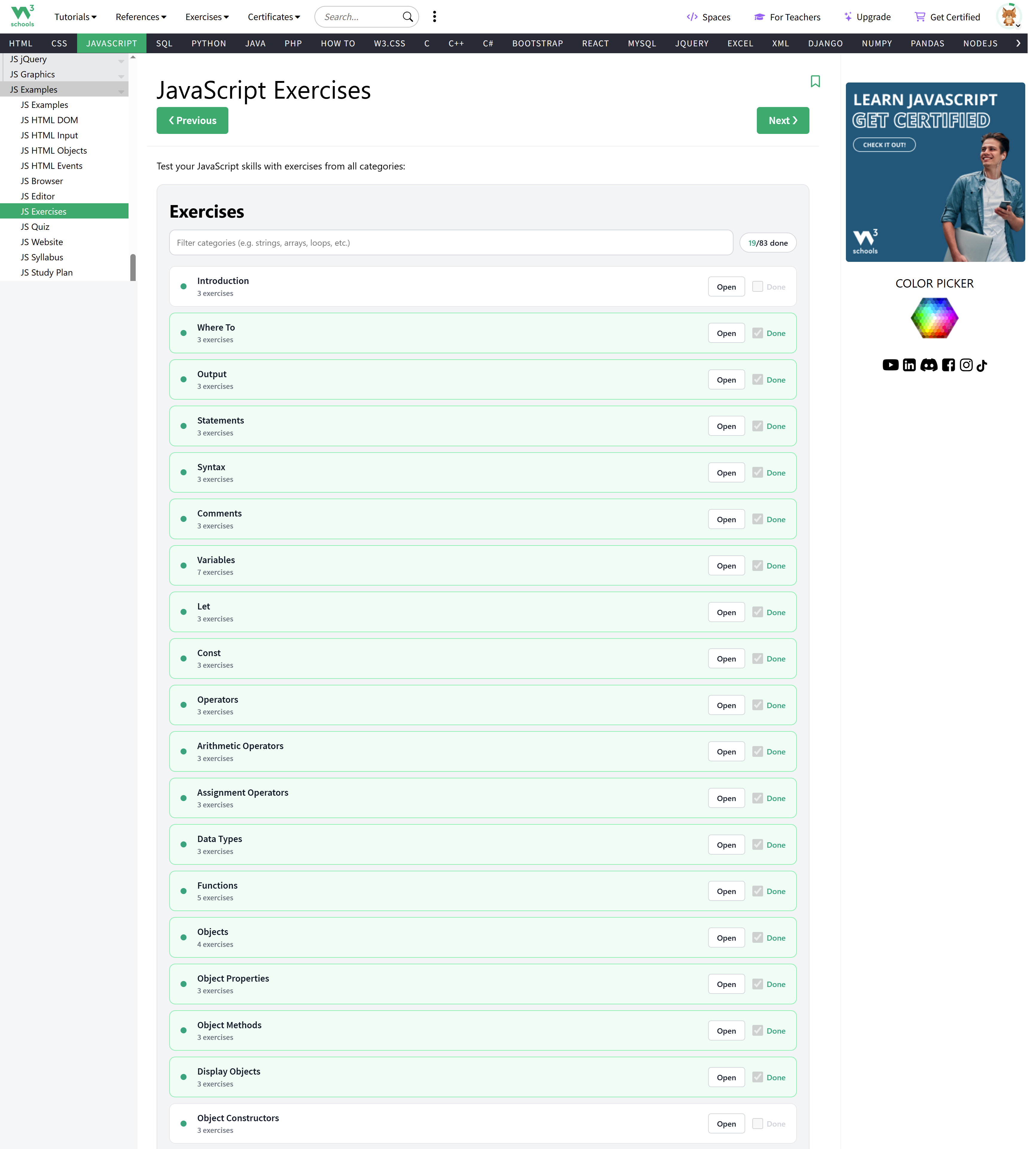 W3Schools JavaScript Exercises Completed